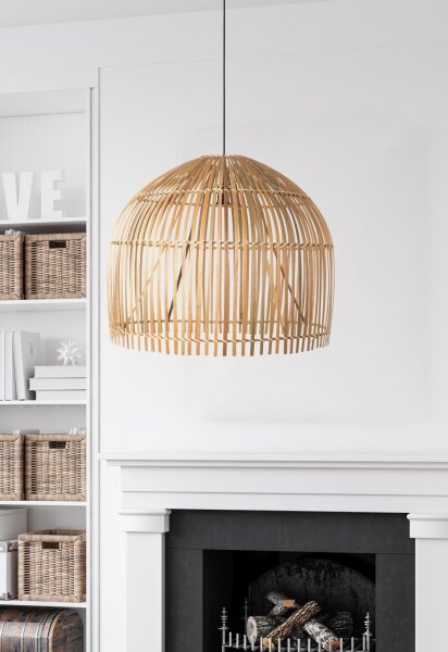 Suspension E27 Ø 60 cm Blanc Naturel Bois Bambou Corbeille Boho