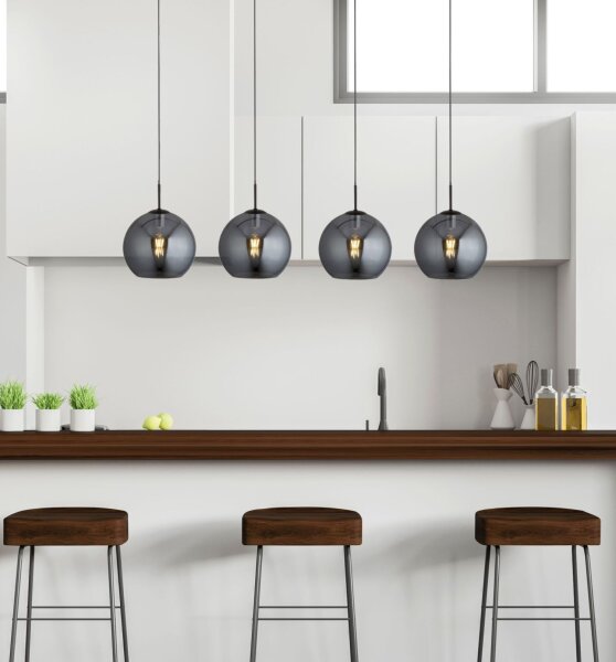 Lampe à suspendre 4 flammes noir gris fumé E27 verre rétro
