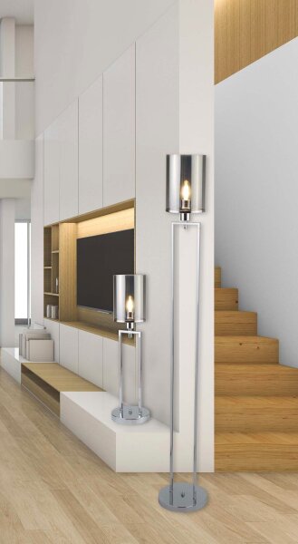 Lampadaire petit 144 cm verre fumé métal gris chrome salon