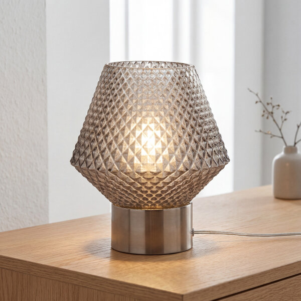 Lampe de table petite H : 17,5 cm Art Déco verre fumé métal