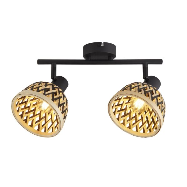 Spot de plafond 2 flammes E14 Noir Naturel Bambou Bois Métal