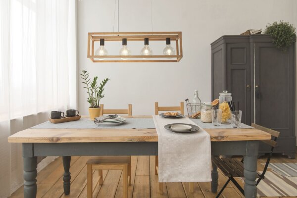 Lampe à suspendre 4 flammes E27 Naturel Noir Bambou Bois Métal