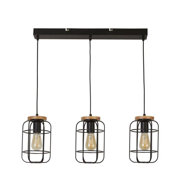 Suspension Noir Naturel 3-flamme E27 Métal Bois