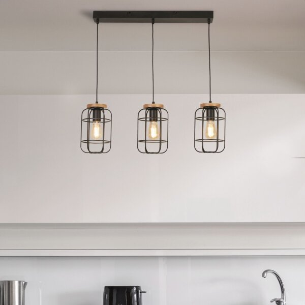Suspension Noir Naturel 3-flamme E27 Métal Bois