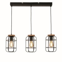 Suspension Noir Naturel 3-flamme E27 M&eacute;tal Bois