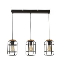 Suspension Noir Naturel 3-flamme E27 Métal Bois