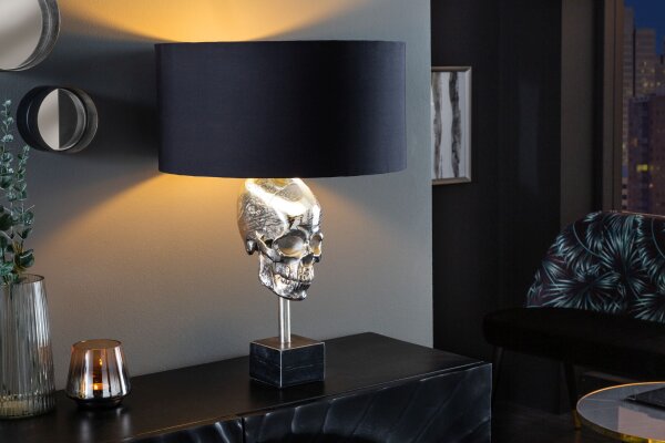 Lampe de table argent noir tête de mort E27 métal tissu