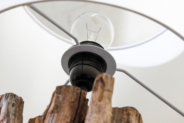 Lampe de table bois tissu blanc 58 cm grand E27 faible éblouissement