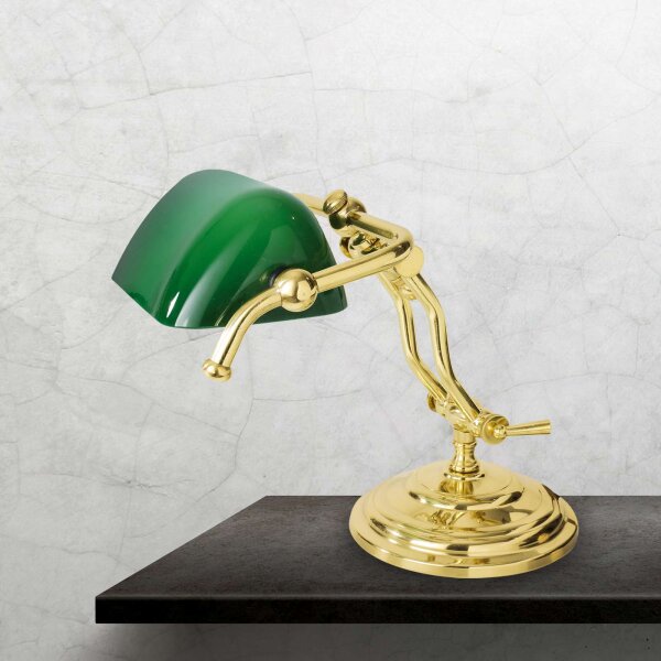 Lampe de banquier E14 23 cm en laiton poli vert verre