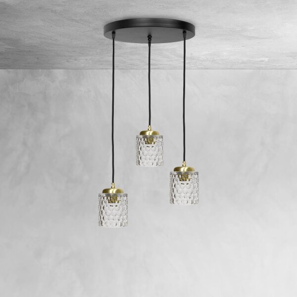 Suspension 3 flammes réglable laiton fer verre Ø 45 cm