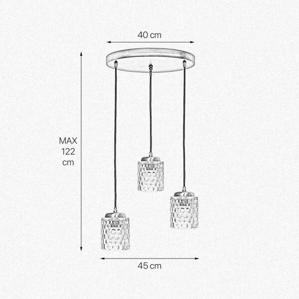 Suspension 3 flammes réglable laiton fer verre Ø 45 cm