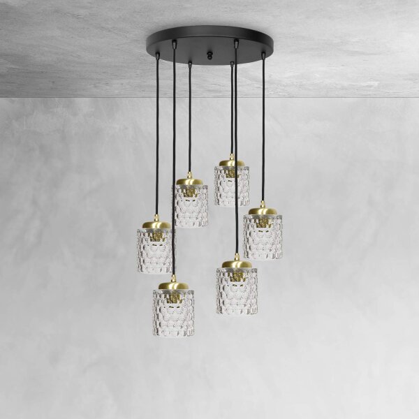 Suspension laiton fer verre 6x E27 en noir clair