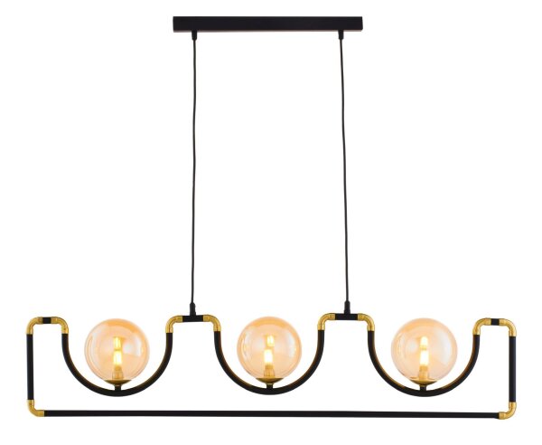 Longue lampe suspendue métal verre noir ambre 102 cm