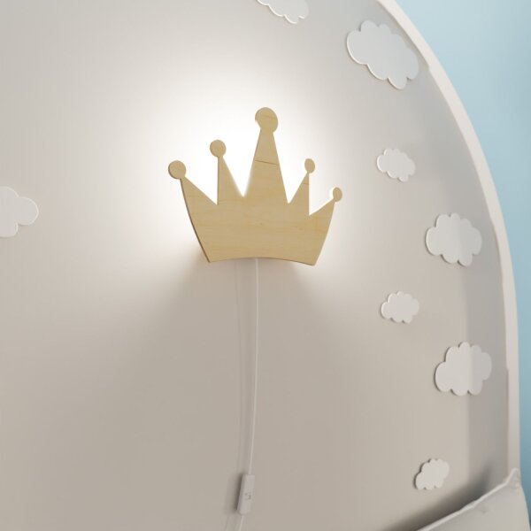 Applique murale chambre denfant avec fiche interrupteur couronne E14 bois
