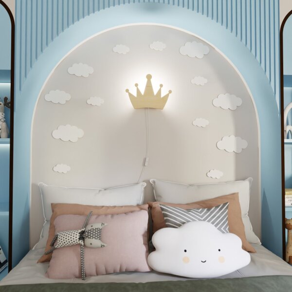 Applique murale chambre denfant avec fiche interrupteur couronne E14 bois