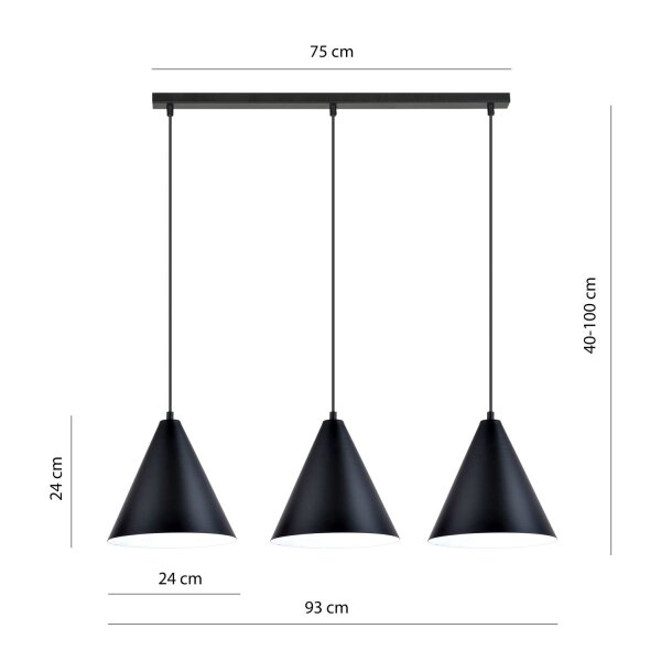 Lampe à suspendre métal L : 92 cm noir blanc E27 3 flammes