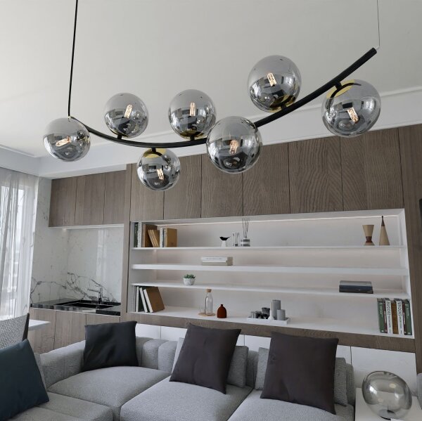 Lampe à suspendre métal verre fumé L : 95 cm H : max. 100 cm 7x E14