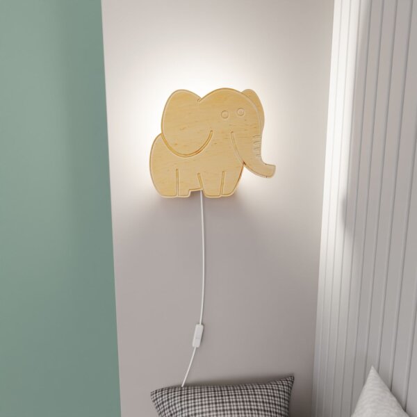Lampe murale chambre denfant bois avec prise interrupteur éléphant E14