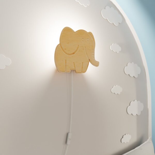 Lampe murale chambre denfant bois avec prise interrupteur éléphant E14