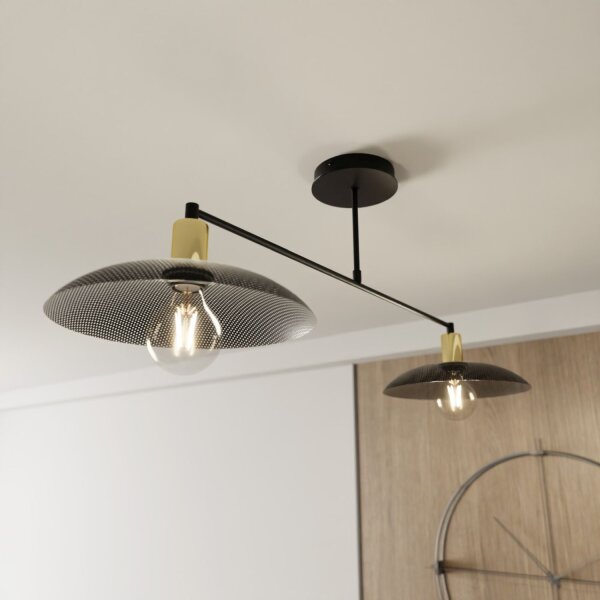 Plafonnier métal 100 cm de long noir or E27 2 flammes