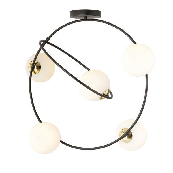 Plafonnier verre métal noir blanc E14 5-rond 2 anneaux