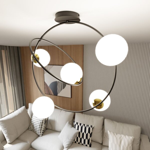 Plafonnier verre métal noir blanc E14 5-rond 2 anneaux