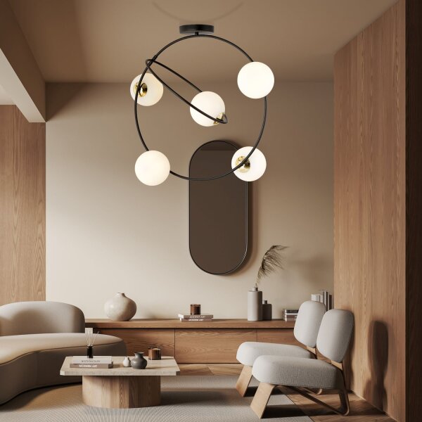 Plafonnier verre métal noir blanc E14 5-rond 2 anneaux