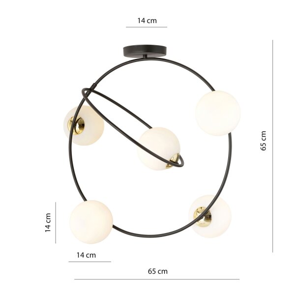 Plafonnier verre métal noir blanc E14 5-rond 2 anneaux