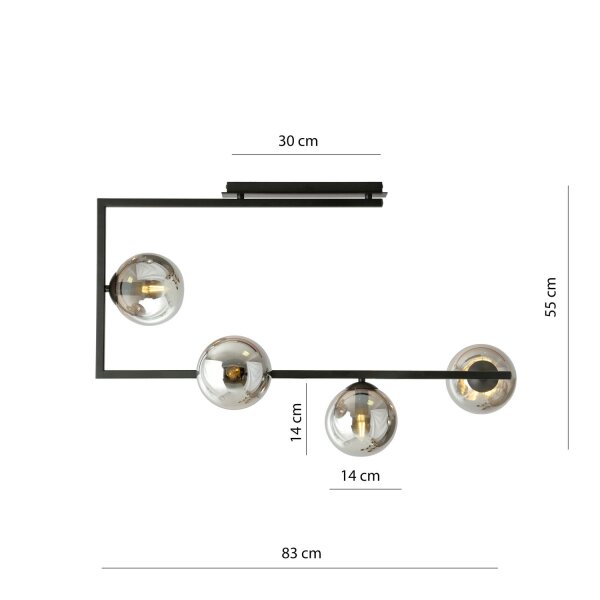 Plafonnier Noir Graphite 83 cm de long Métal Verre fumé