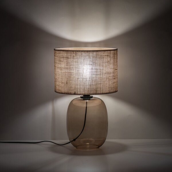 Lampe de table verre fumé tissu brun H : 48 cm Ø 30 cm E27