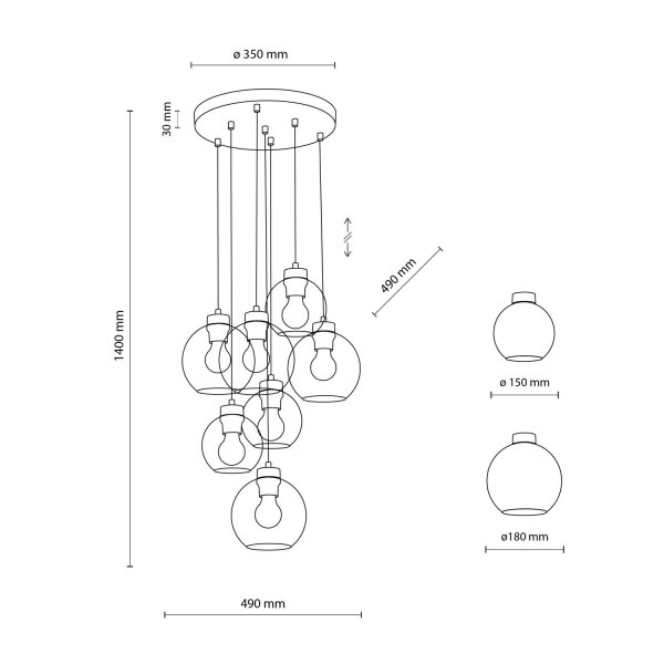 Suspension verre fumé 7x E27 ajustable Abat-jour sphérique