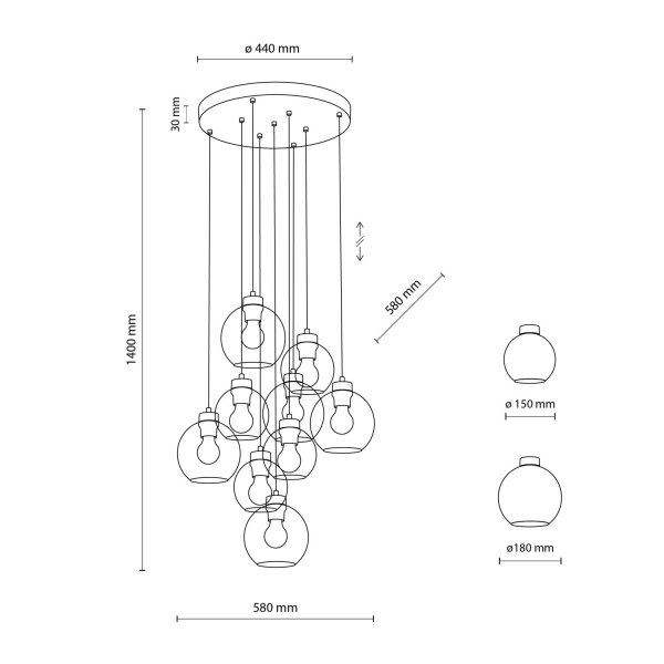 Suspension verre fumé métal H : max. 140 cm 9x E27
