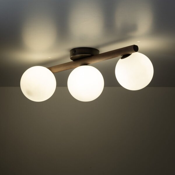 Lampe à suspendre bois métal verre L : 33 cm brun blanc