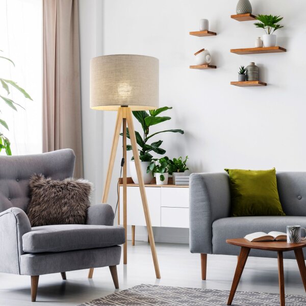 Lampadaire Trépied 145 cm petit E27 bois lin NOLAN
