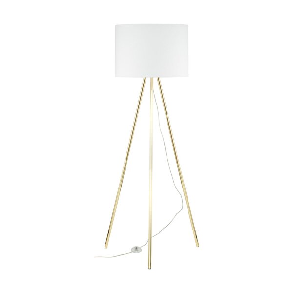 Lampadaire salon 160cm métal tissu E27 or blanc tripode