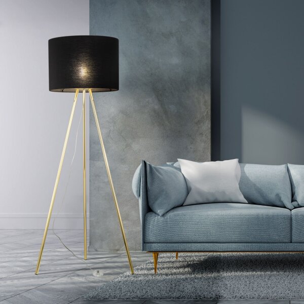 Lampadaire tripode 160 cm métal tissu E27 or noir