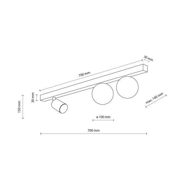 Spot de plafond métal verre 70 cm long GU10 + 2x G9