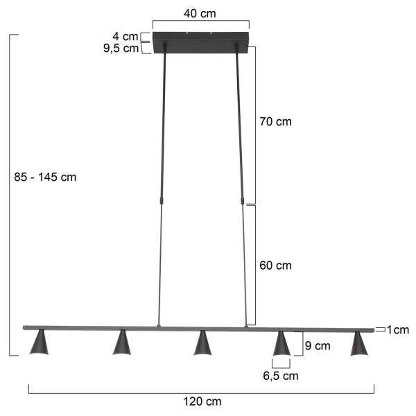 Große LED Pendelleuchte Metall Schwarz L:120 cm 4000 K