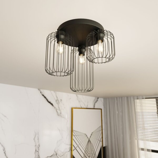 Plafonnier rond noir métal E27 3 flammes L:30 cm