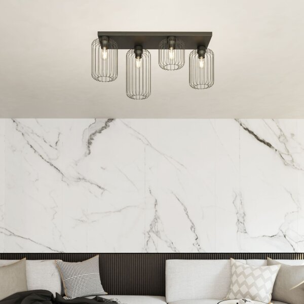 Métal Plafonnier noir L:70 cm Rétro E27 4 flammes