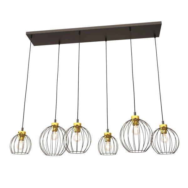 Suspension allongée noir or 6 flammes élégantes
