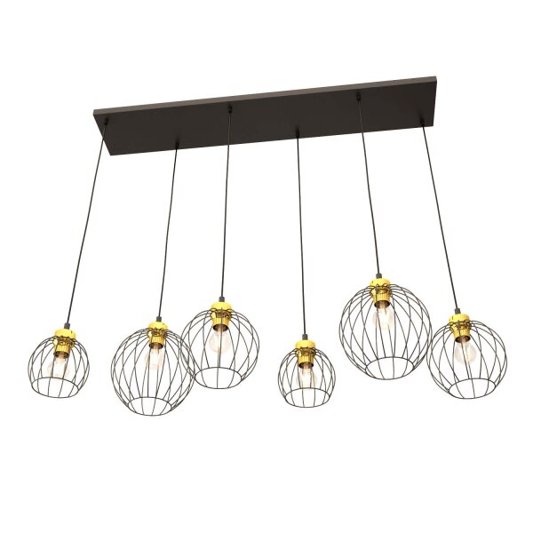 Suspension allongée noir or 6 flammes élégantes