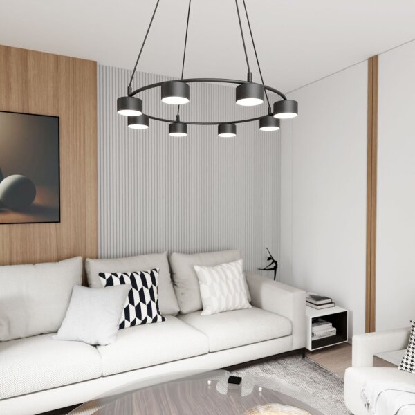 Lampe à suspendre noire à 8 flammes accentuées L:64 cm GX53