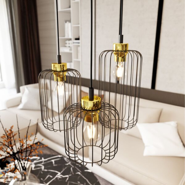 Lampe à suspendre ronde noire or Ø30 cm 3-flmg E27 métal