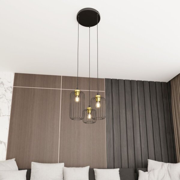 Lampe à suspendre ronde noire or Ø30 cm 3-flmg E27 métal