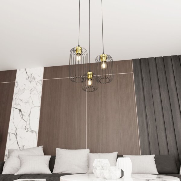 Lampe à suspendre ronde noire or Ø30 cm 3-flmg E27 métal