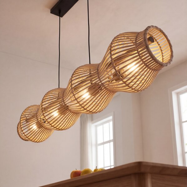 Suspension Bambou Naturel E27 4-flamme 107 cm de long