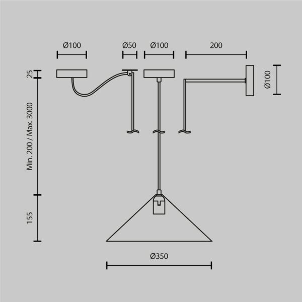 Suspension en métal Ø 35 cm rond H : max. 318 cm Noir