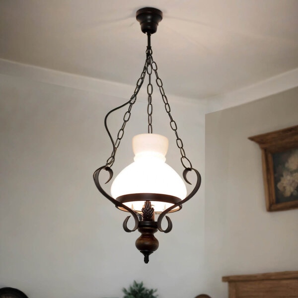 Lampe à suspendre en bois véritable verre métal style campagnard E27