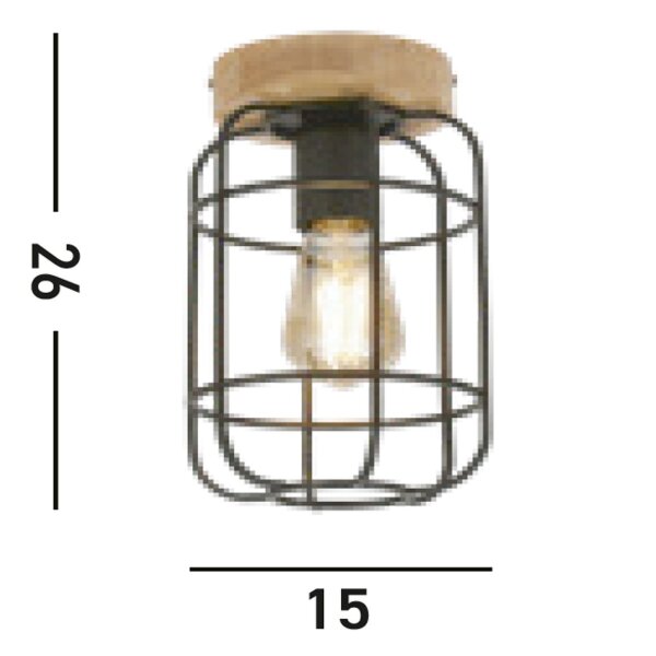 Lampe de plafonnier E27 bois métal fil L:15 cm Industrial
